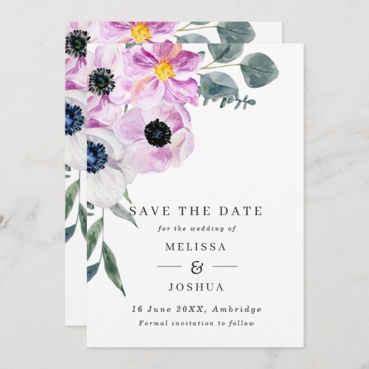 QR-Hochzeit für lila und weiße Anemonen Save The Date (Vorne/Hinten)