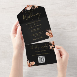 QR-Hochzeit im Herbst für schwarze und goldene Rus All In One Einladung