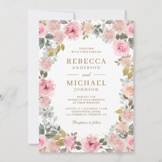 QR-Hochzeit in Rosa und Gold Einladung (Vorderseite)