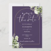 QR-Hochzeit mit lila Gold Arch Floral Foto Save The Date (Vorderseite)