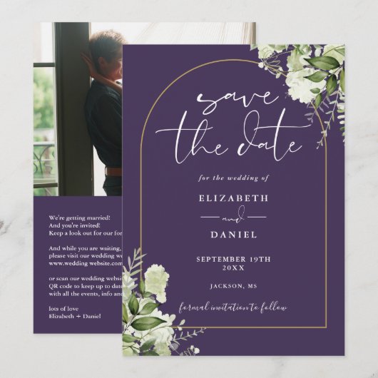 QR-Hochzeit mit lila Gold Arch Floral Foto Save The Date (Vorne/Hinten)
