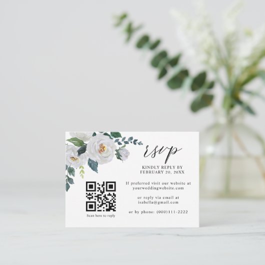 QR-Hochzeitscodierung für botanische Blume (RSVP) Begleitkarte (Stehend Vorderseite)
