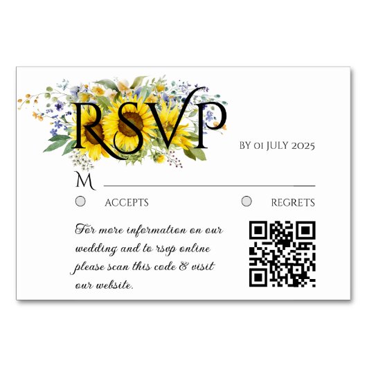 QR Hochzeitskarte für Sonnenblumen Tischnummer (Vorderseite)