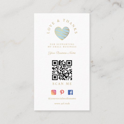 QR Light Blue Heart Love & Thanks Supporting Visitenkarte (Vorderseite)