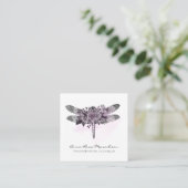 *~* QR LOGO Floral Watercolor GRAY Dragonfly Quadratische Visitenkarte (Stehend Vorderseite)