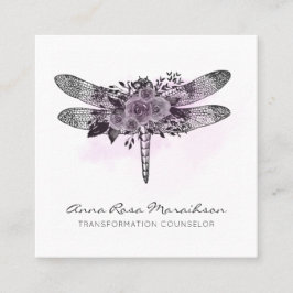 *~* QR LOGO Floral Watercolor GRAY Dragonfly Quadratische Visitenkarte