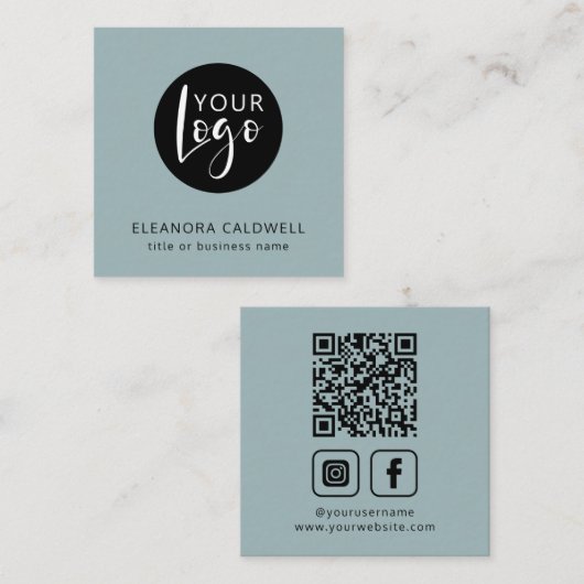 QR-Logo für Social Media Blue Green Quadratische Visitenkarte (Vorne/Hinten)