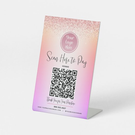 QR-Logo Rosa Glitzer Lila Ombre Bezahlung hier Sockelschild (Vorderseite)