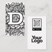 QR-Logos für mit Monogramm D-Schwarz-Weiß-Blüten Visitenkarte (Vorne/Hinten)