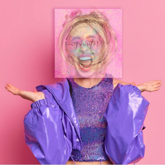 QR-Logos Rosa Glitzer Gold Tropfen Holografisch Quadratische Visitenkarte