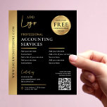 QR-Marketing für Unternehmen in Black & Gold Flyer<br><div class="desc">Beruflicher Black & Gold Business Marketing Flyer mit Platz für Ihr Logo, Services, Kontaktdetails und scannbarem QR Code. Dieses Werbebroschüre zeigt das goldene Imitat-Design mit schwarzem Hintergrund und ist vollständig editierbar - elegant und elegant, und hilft Ihrem Unternehmen, sich gegenüber potenziellen Kunden zu behaupten. Nutzen Sie diesen Flyer für Ihre...</div>