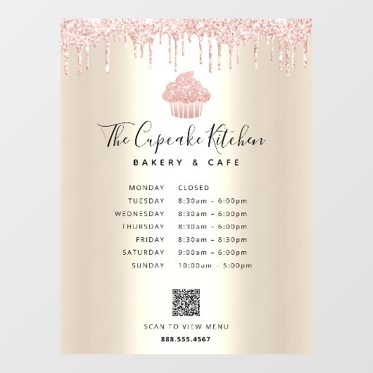 QR Menü Stunden Pink Cupcake Glitzer Bäckerei Gold Fensteraufkleber (Blatt)