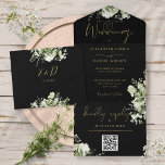 QR-Monogramm-Hochzeit für Schwarz und Gold All In One Einladung<br><div class="desc">Alle in einer Hochzeitseinladung mit botanischen grünen rustikalen Blätter und eleganter Goldtypografie auf schwarzem Hintergrund. Die Einladung enthält eine perforierte RSVP-Karte mit QR-Code. Entwickelt von Thisisnotme©</div>