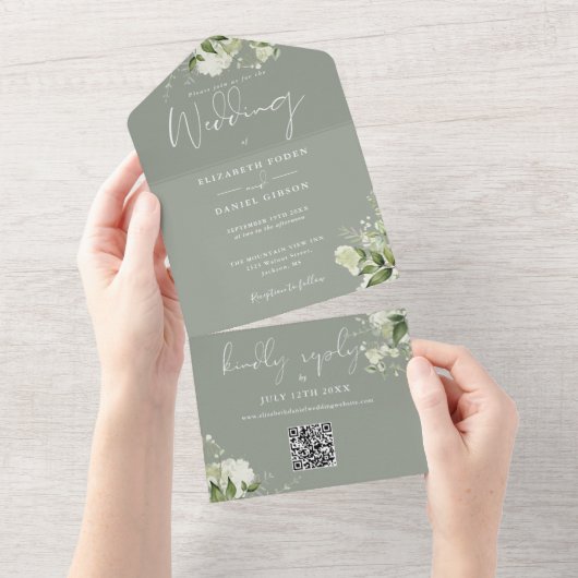 QR-Monogramm-Hochzeitscodierung für grün Foliage All In One Einladung (Abreißen)