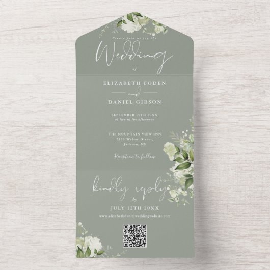 QR-Monogramm-Hochzeitscodierung für grün Foliage All In One Einladung (Innen Boden)