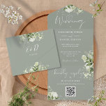 QR-Monogramm-Hochzeitscodierung für grün Foliage All In One Einladung<br><div class="desc">Alles in einer Hochzeitseinladung mit botanischen grünen rustikalen Blätter und eleganter Typografie auf einem schludrigen grünen Hintergrund. Die Einladung enthält eine perforierte RSVP-Karte mit QR-Code. Entwickelt von Thisisnotme©</div>