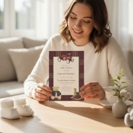 QR Plaid Teddy Bear Toy Car Baby Shower Invitation Einladung