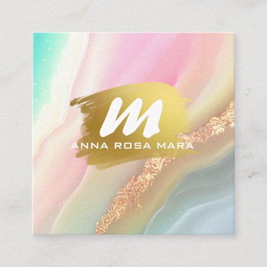 *~* QR Rainbow Pastel AP66 Gold Glitzer Agate Quadratische Visitenkarte (Vorderseite)