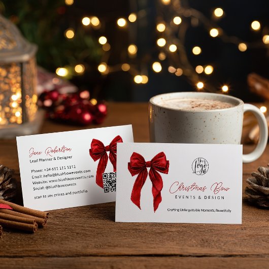 QR Red Coquette Bow Elegant Events Design Visitenkarte