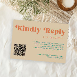 QR retro groovy bold orange beige online wedding RSVP Karte