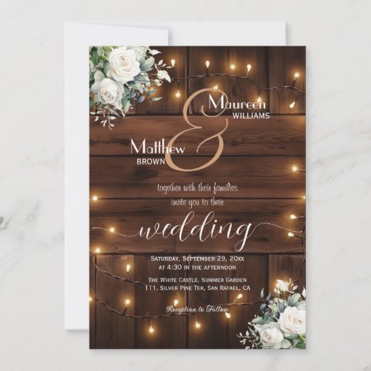 QR-Rose mit braunen Holzstring-Lichtern Einladung (Vorderseite)