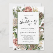 QR-Rose und Pine Calligraphy Winter Wedding Einladung (Vorderseite)