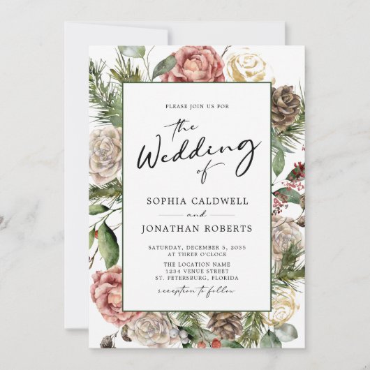 QR-Rose und Pine Calligraphy Winter Wedding Einladung (Vorderseite)