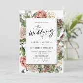 QR-Rose und Pine Calligraphy Winter Wedding Einladung (Stehend Vorderseite)