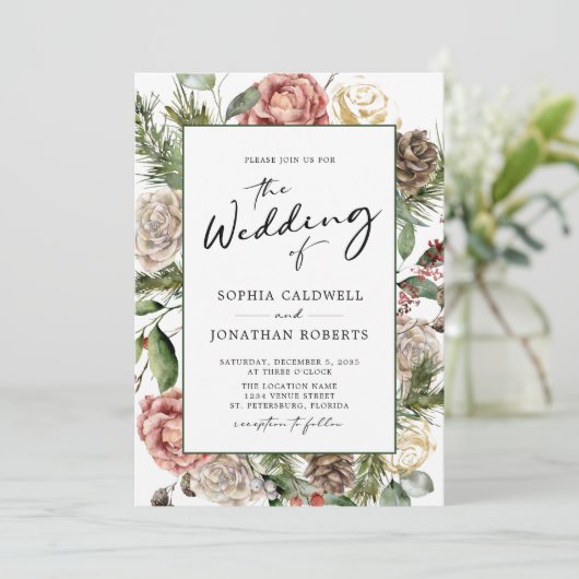 QR-Rose und Pine Calligraphy Winter Wedding Einladung (Stehend Vorderseite)