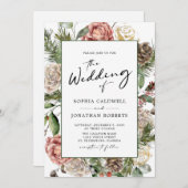 QR-Rose und Pine Calligraphy Winter Wedding Einladung (Vorne/Hinten)