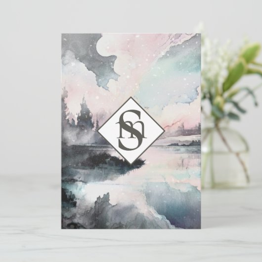 * QR Rustikale AR26 Mountains Monogram UAWG Weddin Einladung (Stehend Vorderseite)