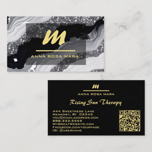 *~* QR Schwarz-weiß Gold Glitzer Monogram AP66 Visitenkarte (Vorne/Hinten)