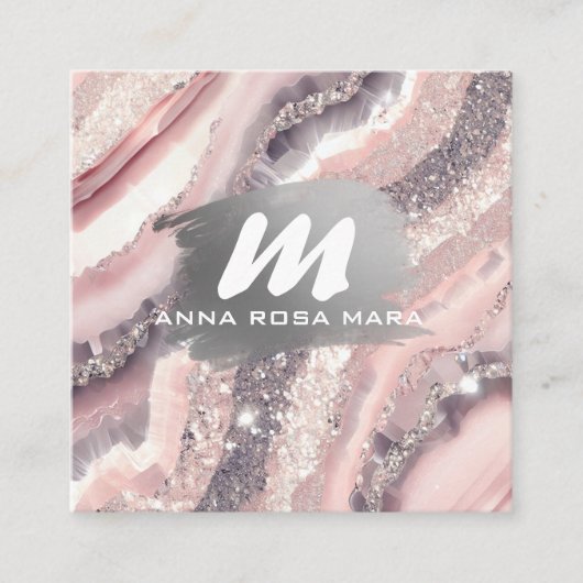*~* QR Silver AP66 Glitzer Pink Agate Quadratische Visitenkarte (Vorderseite)