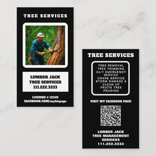 *~* QR Tree Services Lumber Jack Tree Trunk Visitenkarte (Vorne/Hinten)