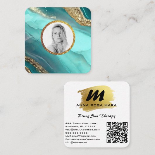 *~* QR Turuqoise Gold AP66 FOTO Luxe LOGO Agate Quadratische Visitenkarte (Vorne/Hinten)