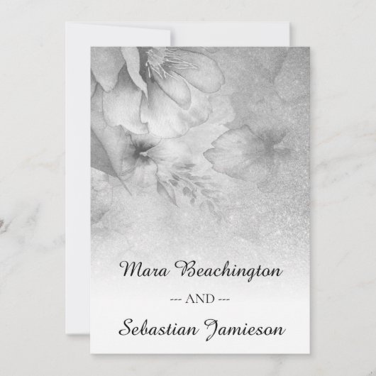 *~* QR UAWG Floral Glitzer Silbergraue Hochzeit Einladung (Vorderseite)