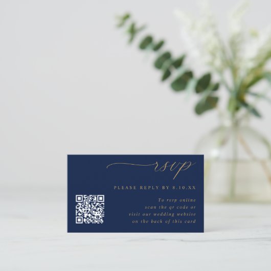QR-UAWG für Hochzeiten in Small Navy Blue und Gold Begleitkarte (Stehend Vorderseite)
