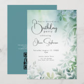 QR Watercolor Birthday Blue Green Blätter Einladung (Vorne/Hinten)