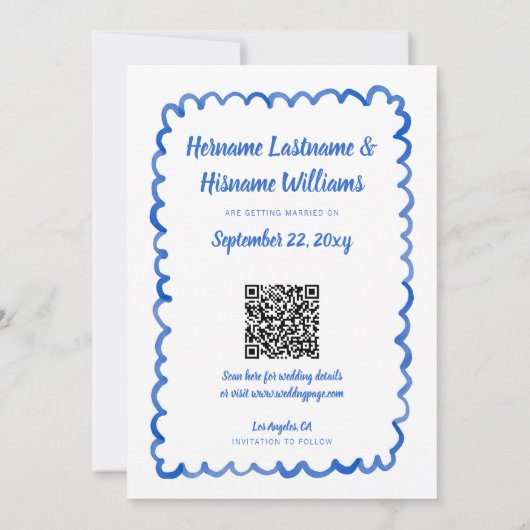 QR-Website zu Whimsical Hand Drawn Blue Foto Save The Date (Rückseite)