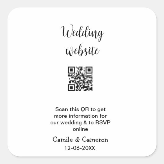 QR WEDING WEBSITE Hinzufügen des Datums Schwarz-we Quadratischer Aufkleber (Vorderseite)