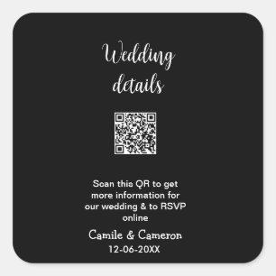 QR WEDING WEBSITE Hinzufügen des Datums Schwarz-we Quadratischer Aufkleber