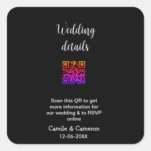 QR WEDING WEBSITE Hinzufügen des Datums Schwarz-we Quadratischer Aufkleber (Vorderseite)