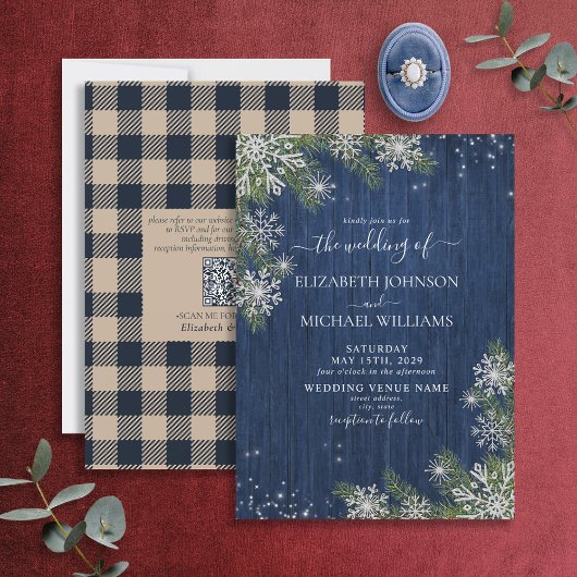 QRCode Blue Silver WinterWood Kariert Rustikale Ho Einladung
