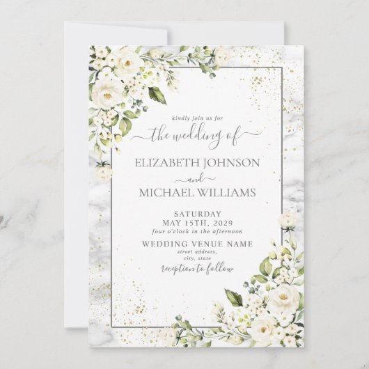 QRCode Hellgraue, weiße, blumengoldene Marmorhochz Einladung (Vorderseite)