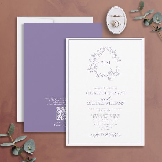 QRCode Lilac Lavender Leafy Wappen Monogram Weddin Einladung