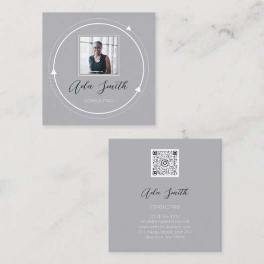 QRCode Logo Custom Foto Circle Gray White Quadratische Visitenkarte (Vorne/Hinten)