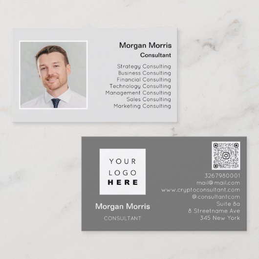 QRCode Logo Foto Beruflich Company Gray Visitenkarte (Vorne/Hinten)