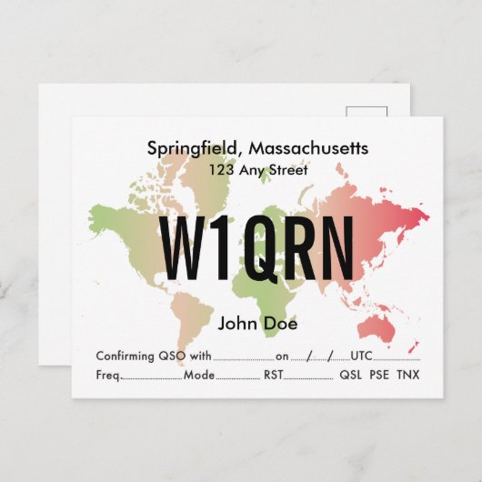 QSL Card Retro World Red & Green Map Postkarte (Vorne/Hinten)