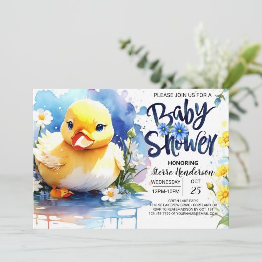 Quacking Duck Custom Baby Duck Einladung (Stehend Vorderseite)