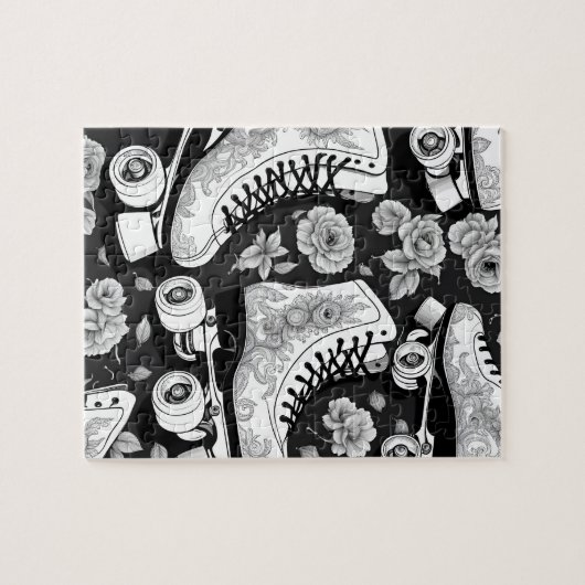 Quad Skate Rose Schwarz-weißes Design Puzzle (Horizontal)